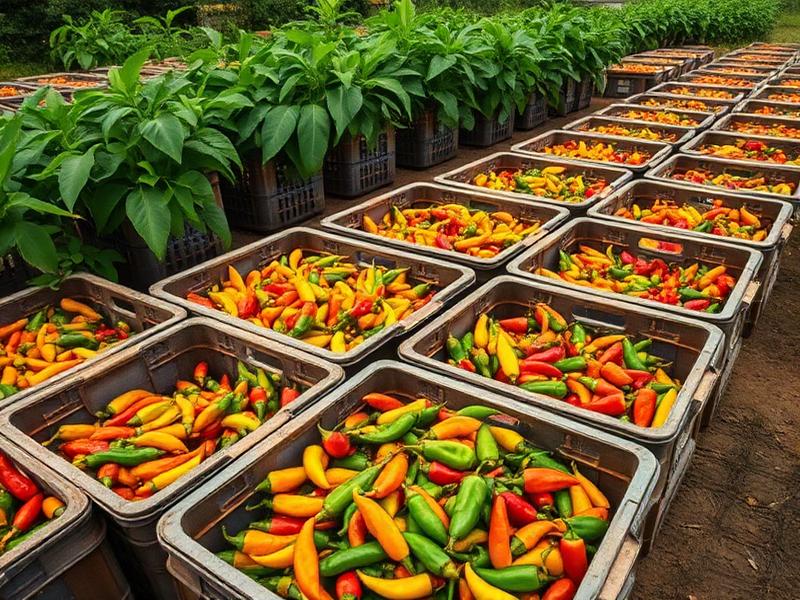 Crates of freshly harvested scotch bonnet peppers