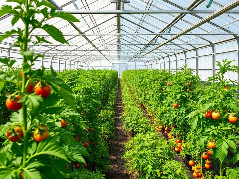 Rows of tomatoes growing inside a modern greenhouse
