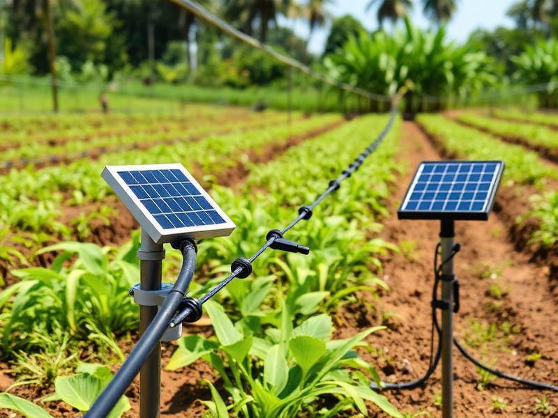 Solar powered drip irrigation system on a farm field