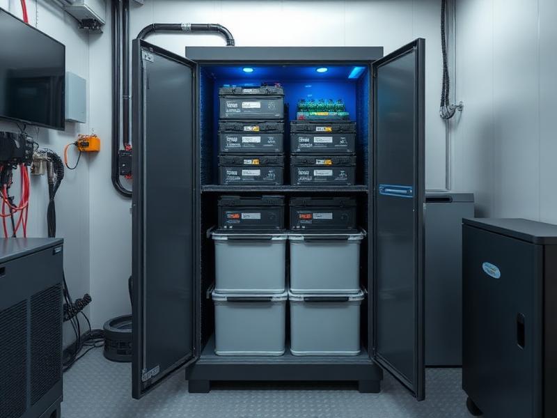 Battery storage cabinet with inverter in a technical room