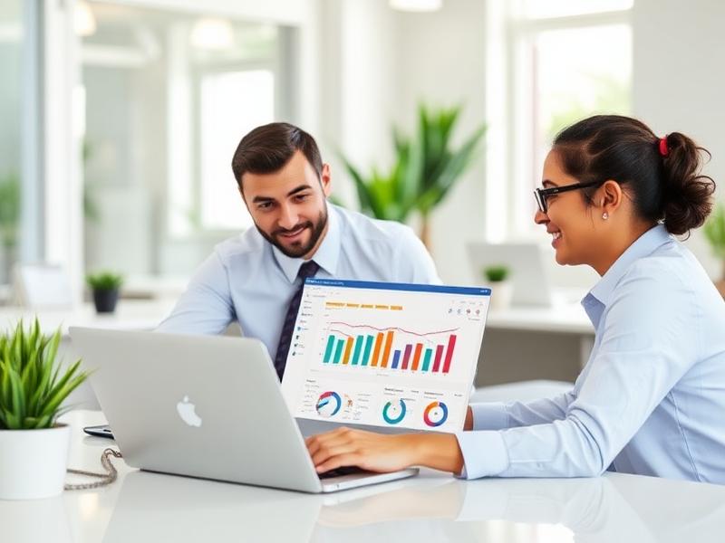 Consultants reviewing an ERP dashboard on a laptop