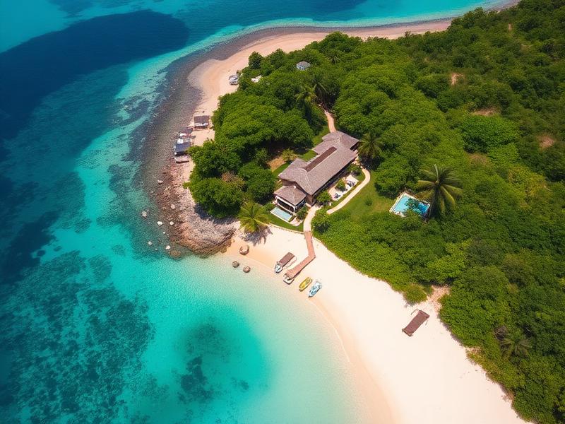 Tropical waterfront property with white sand beach