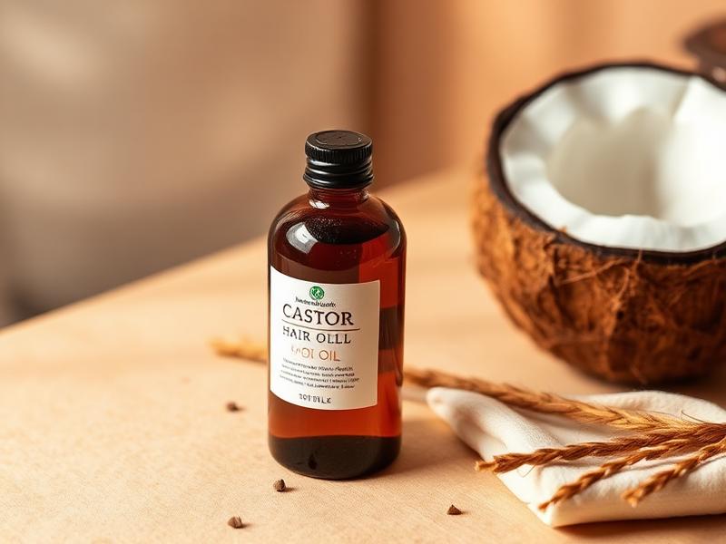 Amber bottle of natural castor and coconut hair oil