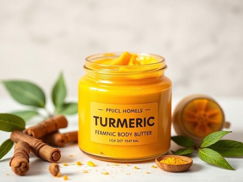 Jar of turmeric body butter with botanical ingredients